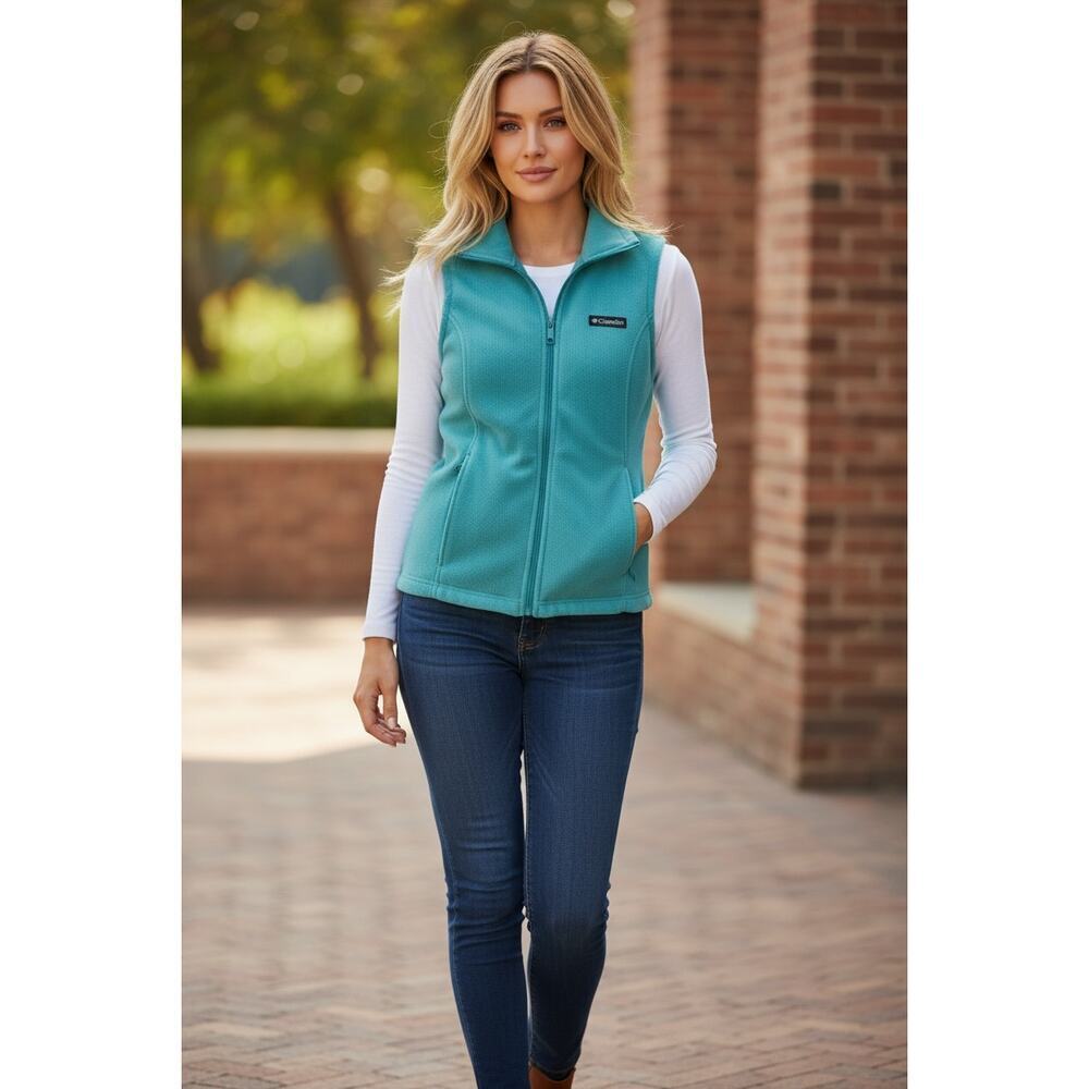 Columbia Fleece Vest Women XS Teal Full Zip Jacket Outdoor Hiking Layer - Picture 9 of 9